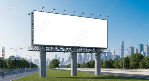 A Professional Outdoor Billboard Mockup with Blank Advertising Space in a Modern City Skyline Urban Environment for Marketing Use
