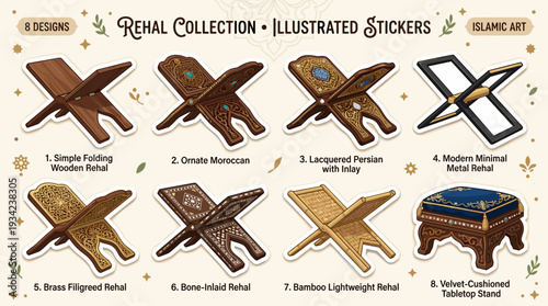 Rehal Quran Stand Islamic Art Illustrated Sticker Collection with vector illustration