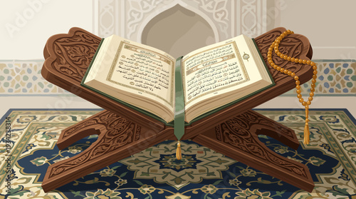 Holy Quran Book on Carved Wooden Rehal Islam Isolated background
