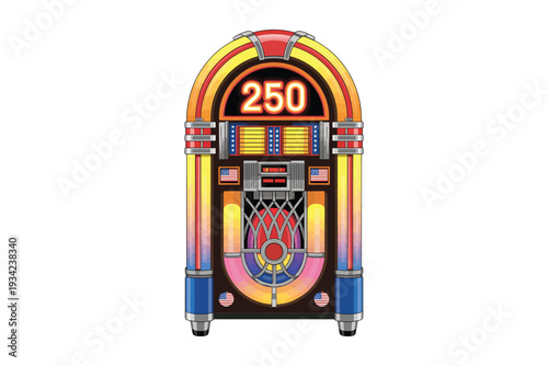 A brightly colored vintage style jukebox with a prominent 250 display featuring classic American design elements and chrome accents high-quality professional detailed.