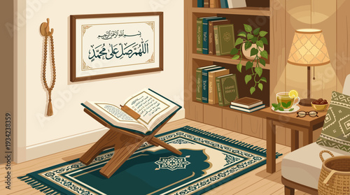 Ramadan Kareem: Islamic Prayer with Quran in Peaceful Home with rehal Isolated background