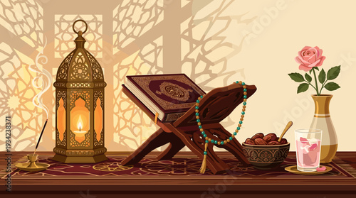 Ramadan Mubarak: Islamic Quran, Lantern, Dates for Holy Month rehal Isolated background