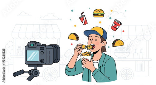 Vlogger Eating Fast Food, Filming Food Blog Content with Camera