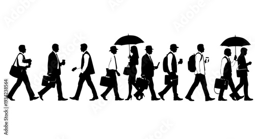 Silhouettes of Business People Walking with Umbrellas.