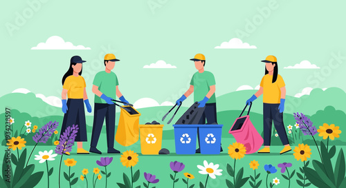 Volunteers Cleaning Park, Picking Up Trash, Environmental Protection Concept