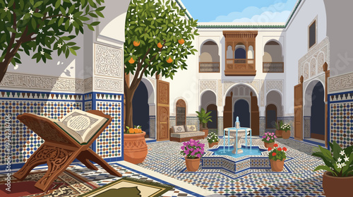 Moroccan Riad Courtyard Islamic Architecture Tranquil Scene Isolated background