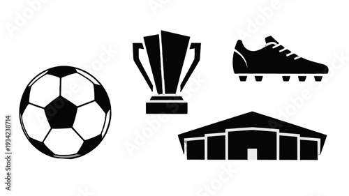 Football-themed icons, including a football, a trophy, cleats, and a stadium.