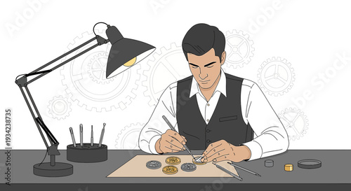 Watchmaker Repairing Vintage Timepiece with Tools Under Desk Lamp