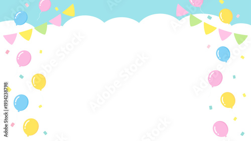 カラフルな風船とガーランドのフレーム、青空と雲の背景、16対9の横長サイズ