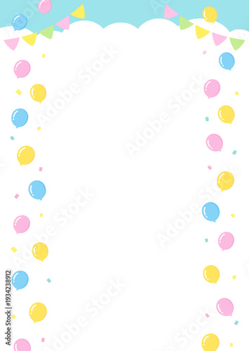 カラフルな風船とガーランドのフレーム、青空と雲の背景、縦長サイズ