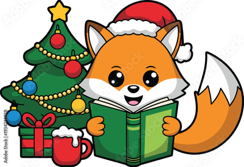 Adorable cartoon Christmas fox in Santa hat reading green book happily beside decorated festive tree with ornaments, gifts, and hot cocoa mug 