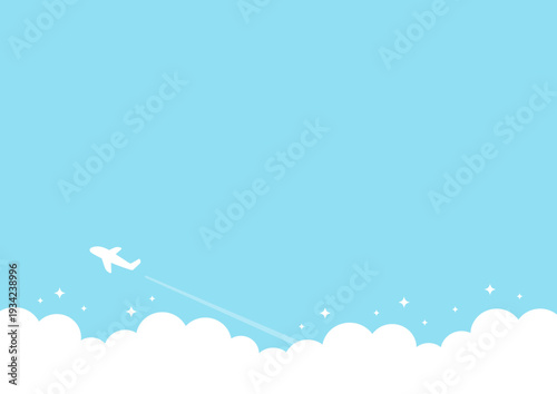 青空を飛ぶ飛行機と雲の背景、旅行のイメージイラスト
