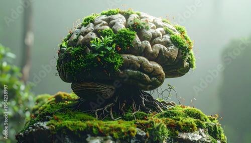 Serene Brain-shaped Rock Formation Covered in Lush Greenery in a Misty Forest Environment from a Low Angle Viewpoint