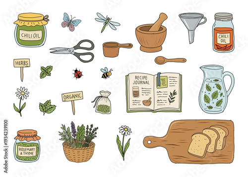 Colorful Organic Herbal Cooking and Gardening Illustration with Chili Oil, Rosemary and Thyme Jars, Recipe Journal, Mortar and Pestle, Fresh Mint Water, Bread, Basket of Herbs, and Nature Elements
