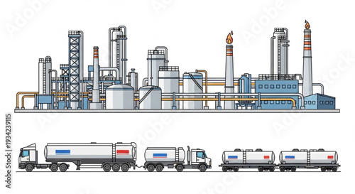 Industrial Refinery and Tanker Trucks.