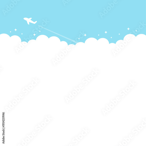 青空を飛ぶ飛行機と雲の背景、旅行のイメージイラスト、正方形