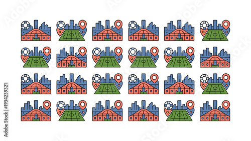 Array of city buildings with different location mark.
