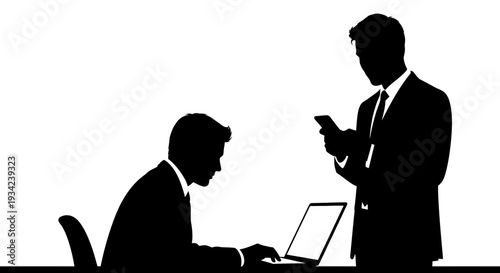 Two Businessmen Silhouettes Working Together Office.