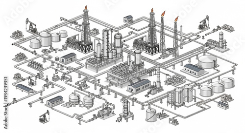 Industrial Refinery Complex Diagram Illustration.