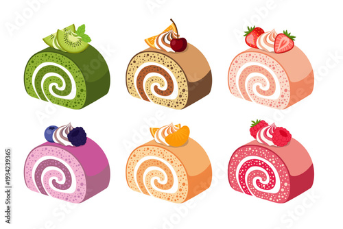 Set of Swiss Roll Cake Slices with Fresh Fruit Toppings and Cream