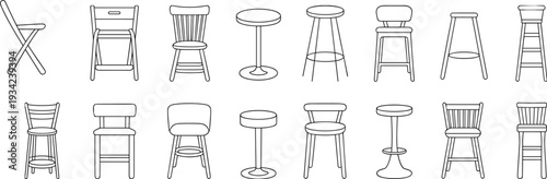 Collection of line art chair and stool illustrations including folding chair, dining chair, bar stool, counter stool, and round seat vector outlines set