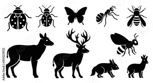 Diverse Animal and Insect Silhouettes Collection on White Background