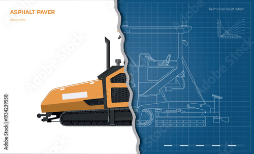 Asphalt paver drawing. Industrial road machine side view. Urban building vehicle. Isolated roadwork equipment