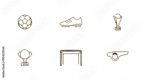 Set of Soccer Icons: Ball, Shoe, Trophy, Whistle, Goal Post.