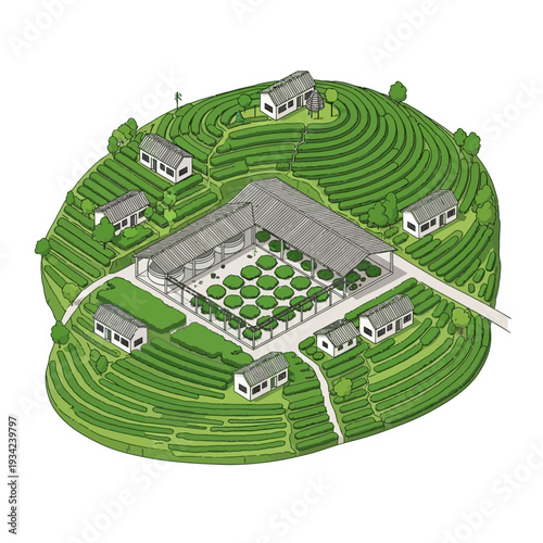 Sustainable Eco Friendly Farm with Terraced Fields and Modern Farmhouse.