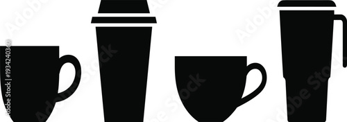 Coffee and tea cup silhouette collection vector icon set for takeaway cafe and office hot drink