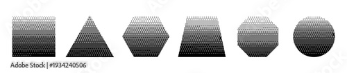 Abstract bitmap pixel dither geometric basic shapes set. Halftone 8-bit figures: square, triangle, hexagon, trapezoid, octagon, circle for vintage video art or glitch designs—Retro Y2K computer game.