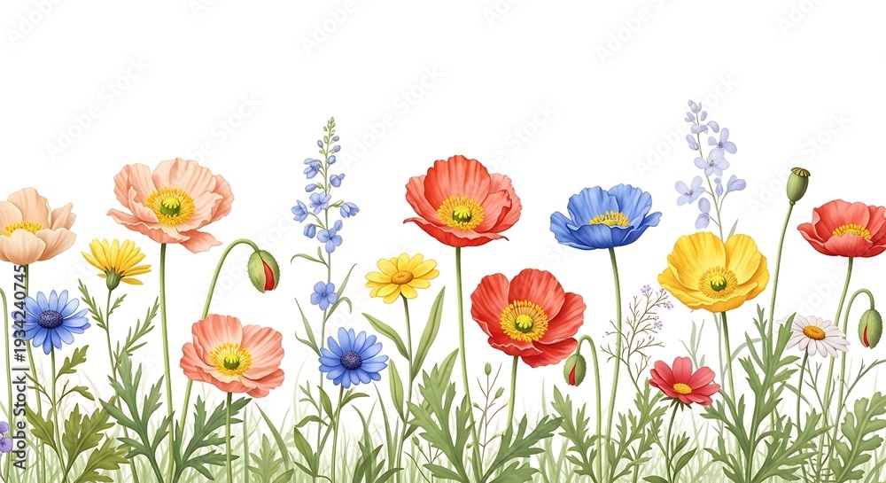 Fototapeta premium Vibrant wildflowers in full bloom with greenery and colorful poppies against a clean white background