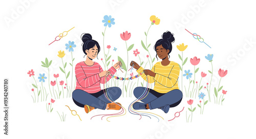 Two Women Making Beaded Necklaces in a Flower Field