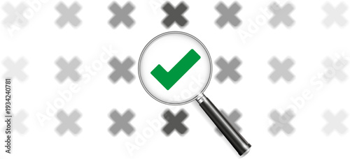 Magnifying glass highlights check symbol amidst chaos