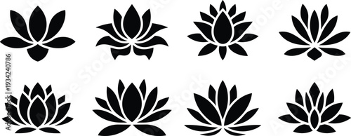 Collection of eight lotus flower silhouette icons in black, showcasing diverse petal shapes and symmetrical designs, symbolizing spirituality, purity, meditation