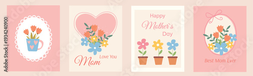 Set of cute Mother`s day greeting cards with spring flowers and hand drawn frames. 