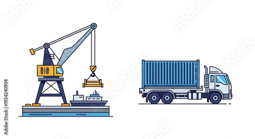 Industrial Port Crane Loading Ship and Truck with Container.