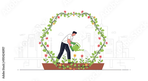 Urban Gardening: Man Watering Plants in City Greenhouse with Floral Arch