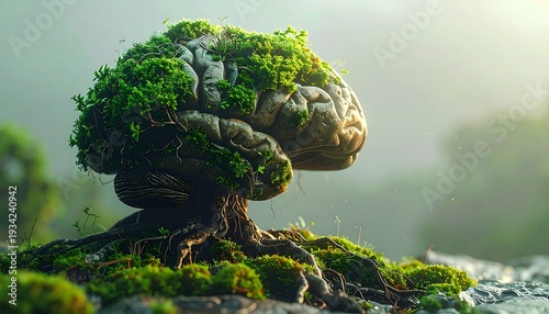 A surreal landscape featuring a giant brain shaped tree with lush greenery on its surface, surrounded by moss and roots, in a serene natural environment.