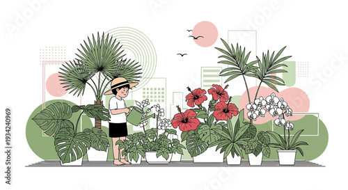 Urban Oasis: Child Amongst Lush Tropical Plants and Cityscape, Vector Art