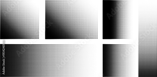 Retro black halftone dot backgrounds collection. Vector comic style backgrounds with offset print effect. Geometric monochrome shapes for pop art design.