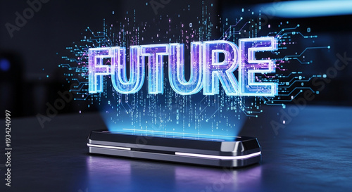 Futuristic technology concept with glowing FUTURE text and digital circuits