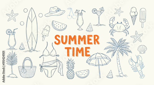 A collection of summer icons and objects in a line drawing style with the words summer time in the center on a beige background