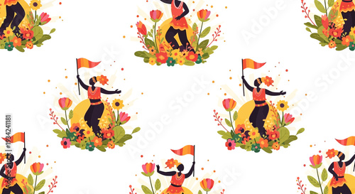 Vibrant Celebration Pattern: Dancing Figures, Flowers, and Festive Flags