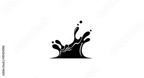Black liquid splash with droplets on white background.