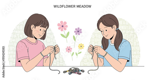 Two girls making friendship bracelets with colorful beads and flowers illustration