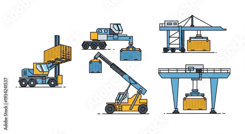 Industrial Port Cranes and Forklifts Lifting Shipping Containers.