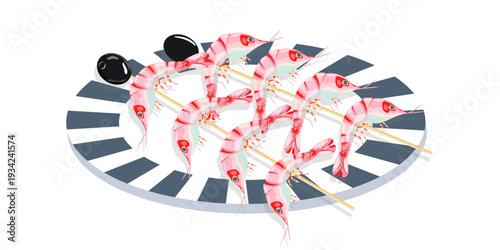 Shrimps on a wooden skewer lie on a striped plate with olives, vector illustration