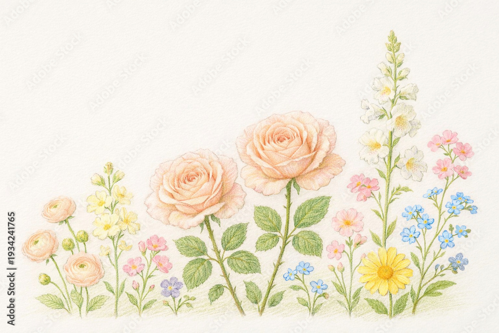 Obraz premium バラやラナンキュラスなど春の花のフレーム