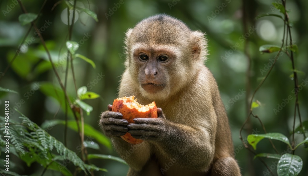 Obraz premium A curious young monkey intently examining a piece of ripe fruit it holds in its hands within a lush forest setting